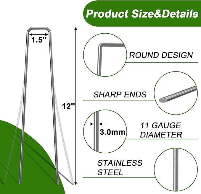 AAGUT 100 Pack 12 Inch Garden Stakes Heavy Duty 11 Gauge Galvanized Steel Landscape Staples Fence Ground Stake Sod Pins Yard Stakes Tent Anchors for Dog Fencing, Chicken Wire