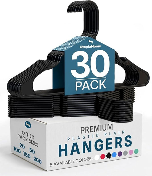 Utopia Home Clothes Hangers 30 Pack - Plastic Hangers Space Saving - Durable Coat Hanger with Shoulder Grooves (Black)