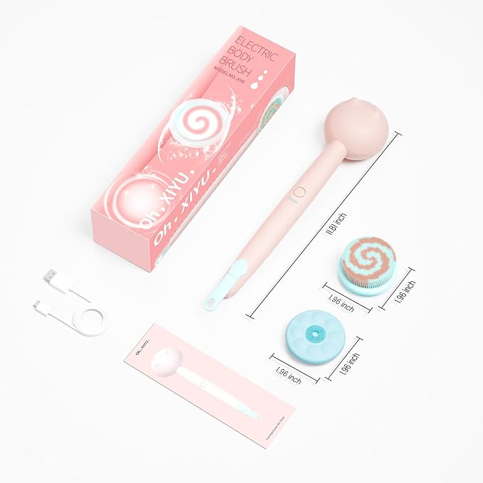 Electric Back Scrubber for Shower Body Brush, Waterproof Shower Body Scrubber for Cleansing, Massaging, Rechargeable Bath Brush for Kids & Adults with 2 Heads & 3 Speed Modes, Berry Pink XY0