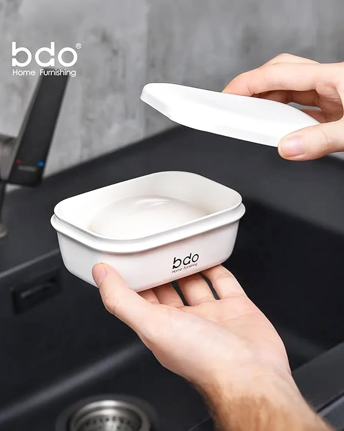 Travel Essentials Soap Holder with Lid, Leakproof Soap Dish with Drainage Layer, Portable Travel Soap Bar Case for Camping, Gym, Bathroom, Kitchen, Dormitory, Hotel (White)