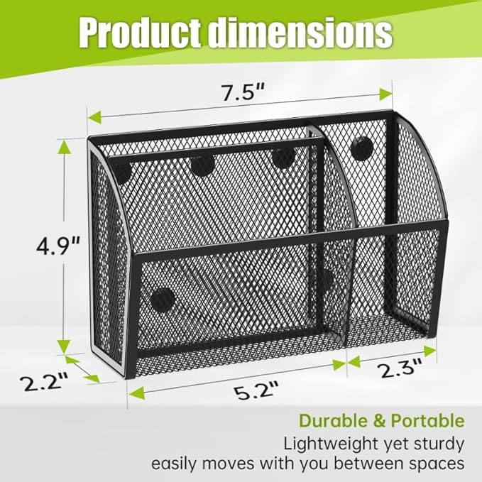 YINGHUA Magnetic Desk Organizer - 3 Compartment Metal Mesh Pen Holder for Locker, Whiteboard, Refrigerator, Office - Black Caddy