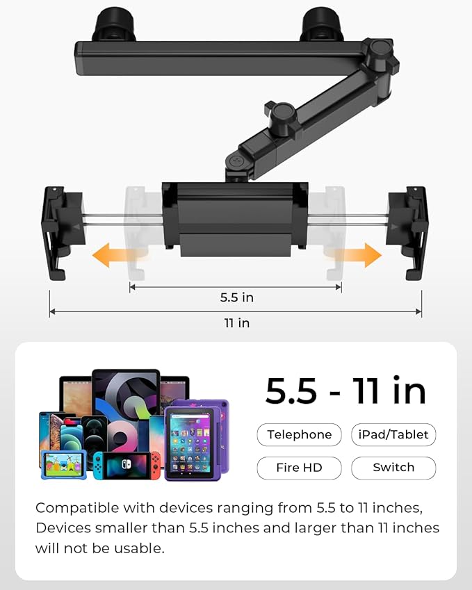 Tablet Holder for Car, Angle-Adjustable Car Headrest Mount Holder for Kids, Road Trip Essentials Compatible with 5.5-11" Devices (2 Pack)