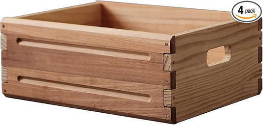 KLZLQ-XINCHEN 4 Pack Wooden Storage Bins of 16"x12"x6.25".Durable Open Solid Wood Box w/ Handles.Farmhouse Container Shelf Baskets. Multipurpose Home Décor Organizer Crates for Display,Pantry,Book,CD