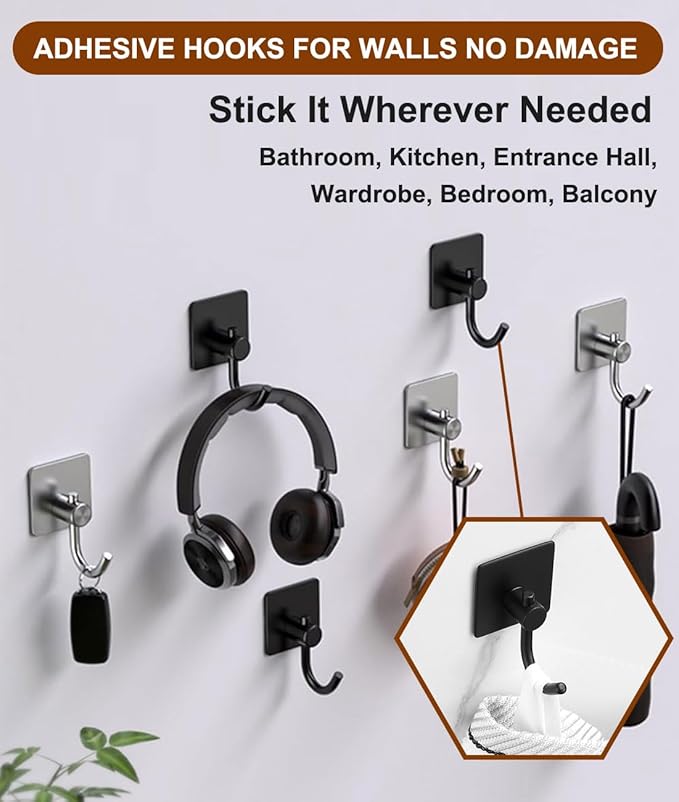 Sticky Hooks for Hanging, 6-Pack Adhesive Wall Hooks No Drilling Stainless Steel Towel Hook for Walls No Damage, Self Adhesive Hook for Bathroom Kitchen Office, Black