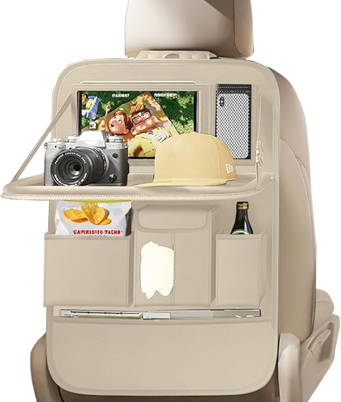 XDV Car Seat Organizers, Multi-functional Back Seat Protectors, Storage Pouches, and Tray Holders (for Cars, Kids, Seat Back and Rear Seats) (Plain Beige, 1 Pc)