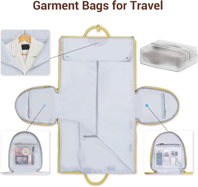 Garment Bags for Travel, Convertible Suit Travel Bag for Women, Stylish Carry On Garment Bag with Toiletry Pocket, Shoulder Strap and Shoes Compartment, 2 in 1 Foldable PU Leather Duffle Bag, Yellow