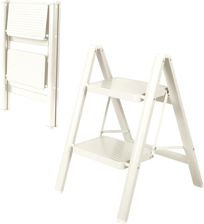 2 Step Ladder, Portable Folding Step Stool with Sturdy Carbon Steel Metal, 330LB Capacity, Non-Slip Wide Pedal, ladders for Home, Kitchen, Closet, Bookshelf, Adult (Milk White)