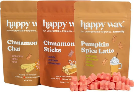 Happy Wax Cinnamon Collection Scented Natural Soy Wax Melts – 6 Total Oz. of Scented Wax Melts, Collection Includes Cinnamon Sticks, Pumpkin Spice Latte and Cinnamon Chai