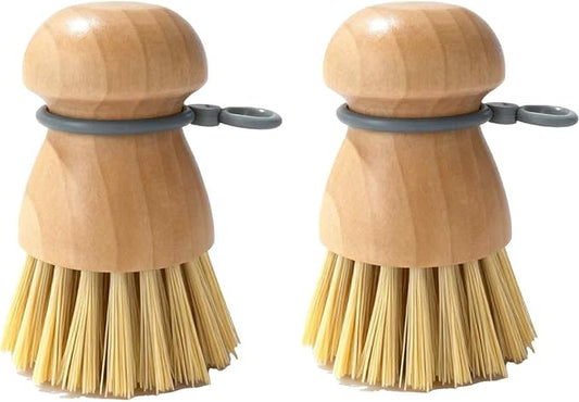 Dish Brush with Hanging Loop — Durable PBT Bristles Brush, Non-Slip Grip Dish Brush, Compact Bamboo Dish Brush, for All Cookware, Stovetops & Sinks • Kitchen Essential （2pcs/Set）