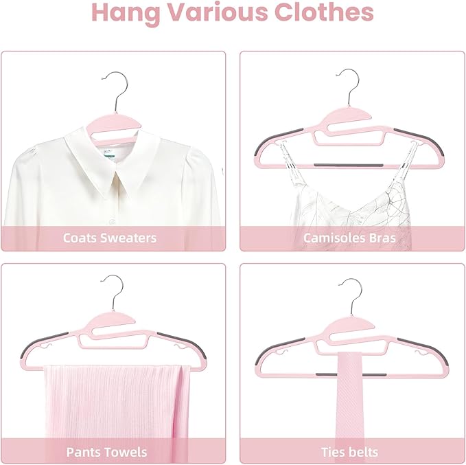 BAGAIL Plastic Hangers 50 Pack with Non-Slip Design, 0.2 Inches Thick, 360° Swivel Hook Space Saving Organizer for Bedroom Closet, Shirts, Pants (Pink - S-Shaped)