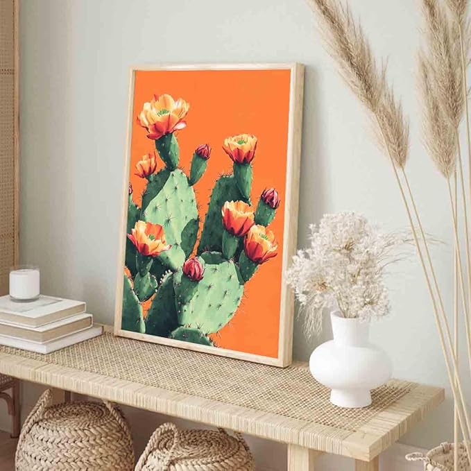 Vintage Cactus Posters Tropical Plants Wall Art Pink Floral Painting Floral Aesthetic Prints Western Desert Print Desert Botanical Prints orange and green flower wall art room decor 16x24inch no frame