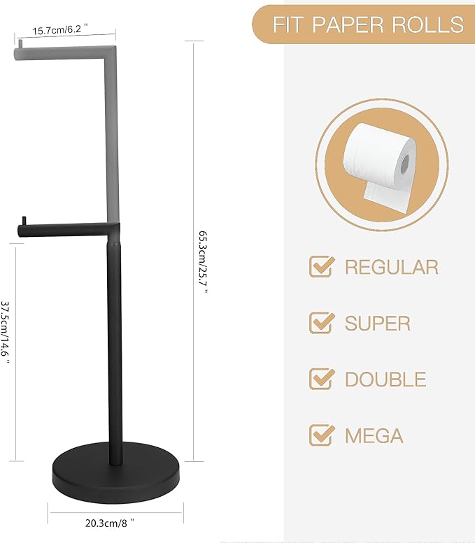Toilet Paper Holder Stand for Floor Matte Black Adjustable (14.6" to 25.7") Bathroom Freestanding Toilet Paper Roll Holder Stainless Steel Toilet Tissue Holder with Heavy Weighted Base