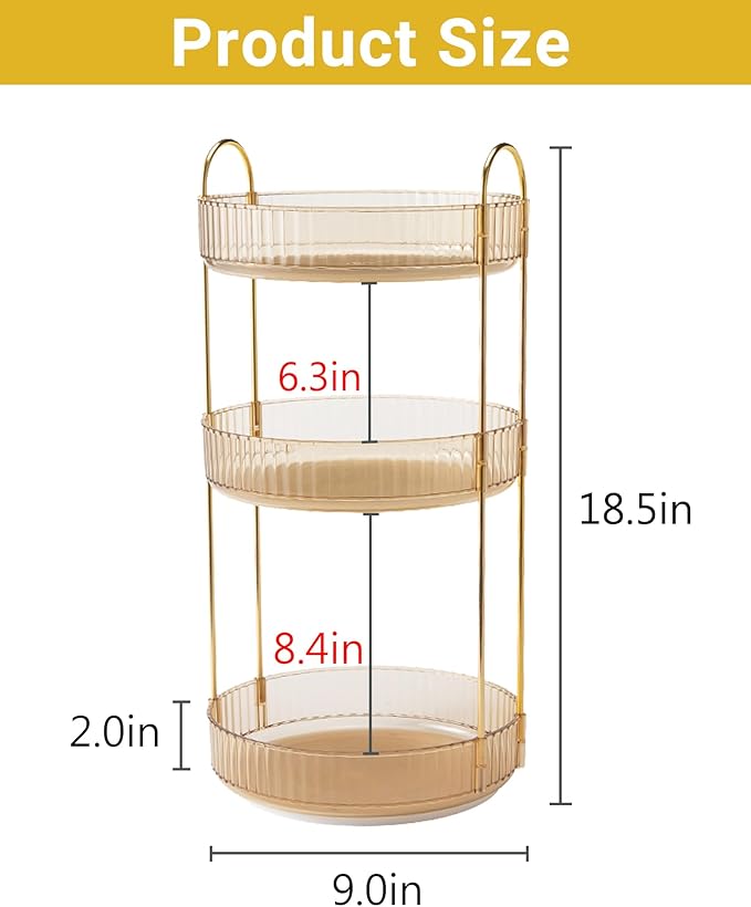 360 Rotating Makeup Organizer for Vanity, 3 Tier Large Capacity Vanity Storage, Skincare Perfume Spinning Organizer, Bathroom Cosmetics Storage Makeup Stand Organizer (Gold-3 Tier)