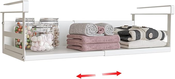 SHINEWON Expandable Under Cabinet Shelf Organizer with 0.94-Inch Thick Clips, Heavy Duty Extendable Under Shelf Storage Basket for Pantry or Laundry Room, White, 1 Pack, Interior: 4.13" H x 7.2" D