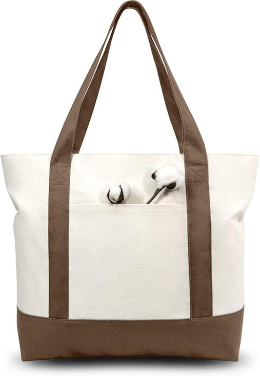 TOPDesign 1-Pack Canvas Tote Bag with an External Pocket, Reusable Grocery Shopping Bag, Top Zipper Closure, Daily Essentials (Brown/Natural)