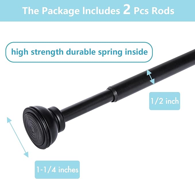 KXLIFE 2 Pack Spring Tension Rod, 1/2-inch Decorative Tension Drapery Rod for Window, Black, (17-26 Inch)