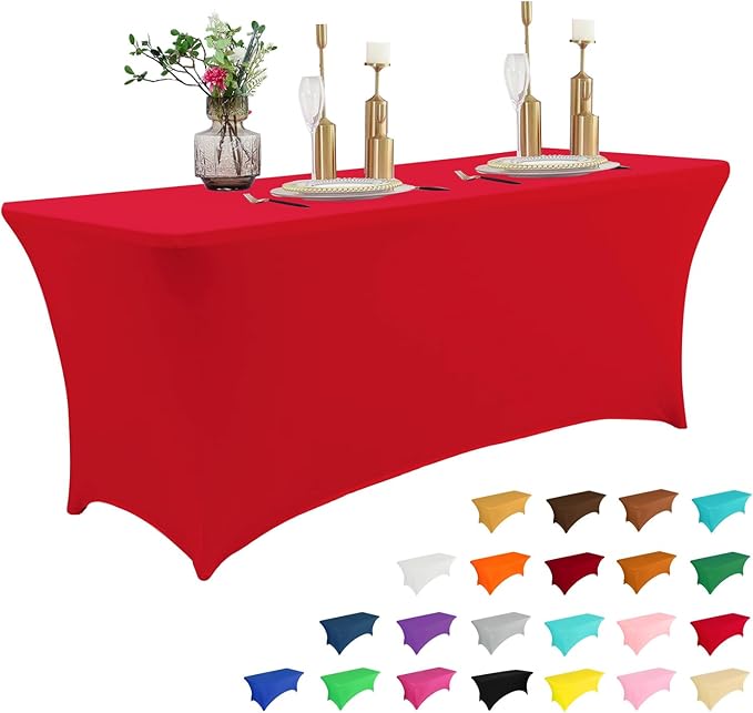 IVAPUPU 8FT Table Cloth for Rectangular Fitted Events Stretch Red Table Covers Washable Cover Spandex Tablecloth Protector for Party, Wedding, Cocktail, Banquet, Festival