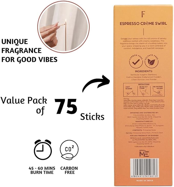 Folkulture Bakery Incense Sticks for Home | Pack of 75 (8") Organic Fall Insence-Stick for Meditation with 45 Mins Burn Time | Organic Insence, Aromatherapy Fall Scents | Non Toxic Coffee Inscent