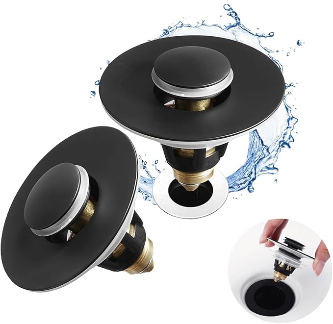Fransiton 2 Pack Bathroom Sink Stopper, 1.1-1.77 Inch Basin Pop Up Black Sink Drain Stopper, Anti Clogging Drain Plug with Detachable Hair Catcher