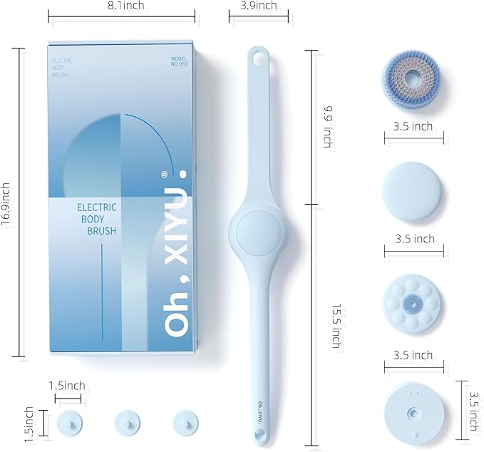 Electric Body Brush Back Scrubber for Shower, Waterproof Long Dual Handle Power Body Scrubber with 3 Heads, Rechargeable Bath Brush & 2 Speeds, for Cleansing, Exfoliating and Massaging Skin