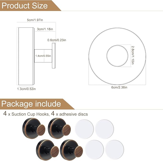 ZESLMG Bronze Suction Cup Hooks for Glass Window, Shower Hook for Inside Shower, Removable Towel Hooks for Bathroom Kitchen Wall Glass Door, Wreaths Loofah Suction Hook for Hanging, 4 Pack