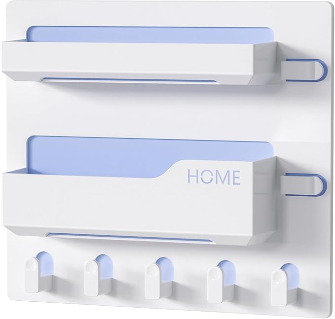 Bedside Shelf Wall Mount, Adhesive Bedside Shelf Accessories Organizer with Hooks and Cable Clips,Dorm Bedside Wall Storage for Phone, Remote, Earphone, Kindle,Plastic (5 Hooks Style)