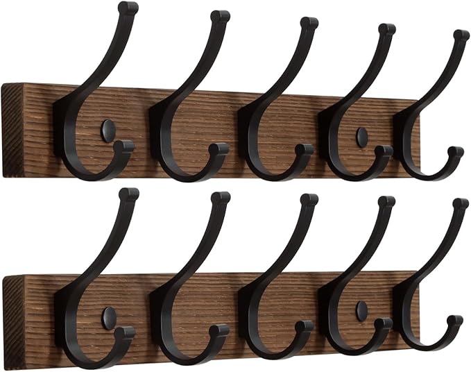 Coat Rack Wall Mount, 16.5 Inches Wood Coat Hooks Wall Mount, Wall Coat Rack with 5 Hooks, Hat Rack Wall Hooks for Hanging Coat, Bag, Towel (2Pack, Brown)