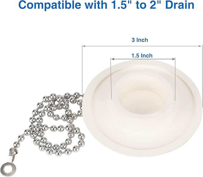 2 Packs Tub Stopper, Rubber Bathtub Stoppers Drain Plug with 15" Stainless Steel Beaded Chain, Premium Bathroom Plug Fit for 1.5" to 2" Kitchen Sink, Bathroom Bath tub, Drain Stopper, White