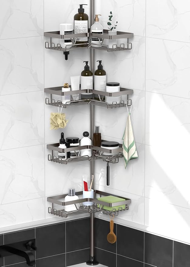 KEGII Corner Shower Caddy Tension Pole with Soap Dish & Razor Holder, Adjustable Bathroom Organizer with Hooks, 25-114.2 Inch Rustproof Storage Shelf for Renters & Apartments, Gunmetal Gray