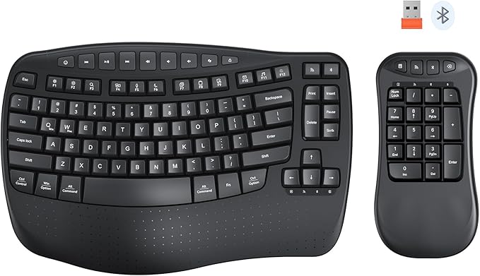 MEETION Wave Ergonomic Keyboard, 2.4GHz Wireless/Bluetooth Split Keyboard with Wrist Rest, Separate Mini Numeric Keypad, Flexible 2-in-1 Setup for Left-Handed/Accountants/Data Entry