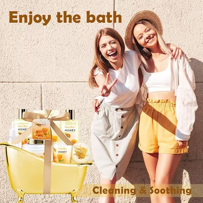 Christmas Gifts for Women Bath & Body Gift Set, Luxury Home Spa Bath Gift Basket, Honey Almond Scented Bath Set, Pamper Gifts Birthday gifts & Teens, Spa Kit Gift, Home Spa Gifts for Men Dad
