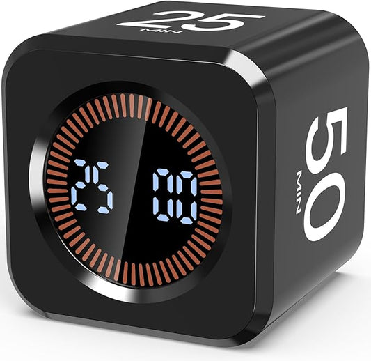 Pomodoro Timer Cube Visual Productivity Flip Timer for Kids Classroom Desk, 5/10/25/50min& Custom Countdown, Silent&Sound Mode Digital Cube for ADHD Study Work School Game Kitchen (Black)