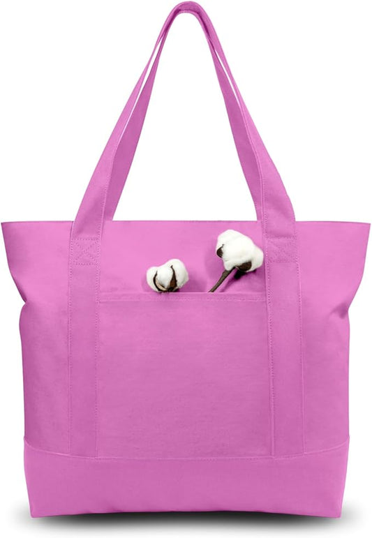 TOPDesign 6-Pack Canvas Tote Bags with an External Pocket, Reusable Grocery Shopping Bags, Top Zipper Closure, Daily Essentials (Light Purple)