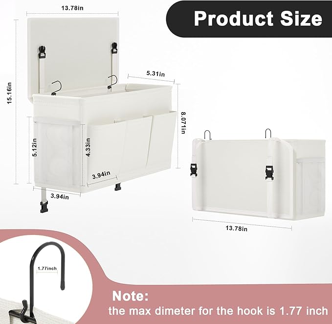 Dual-purpose Bedside Caddy Bedside Organizer, Bed Caddy with 6 Pockets, Versatile Bedside Storage Solution Magazine Remotes holder, ideal for Home, Dorm, Hospital, Crib Bed (White)