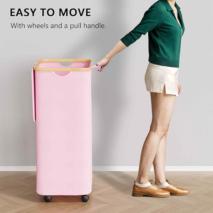 SUOCO Laundry Hamper on Wheels 100L, Clothes Basket with Lid and Bamboo Handles, Foldable Laundry Hamper for Bedroom, Bathroom, Dorm, Laundry Room - Pink