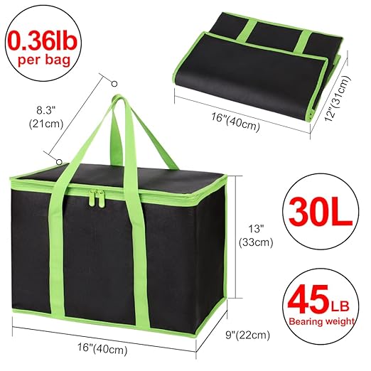 2-Pack Insulated Reusable Grocery Bags, X-Large Insulated Food Delivery Bag for Delivery Drivers, Commercial Food Warmer for Shopping, Tote Cooler Bags, Black with Green Edge