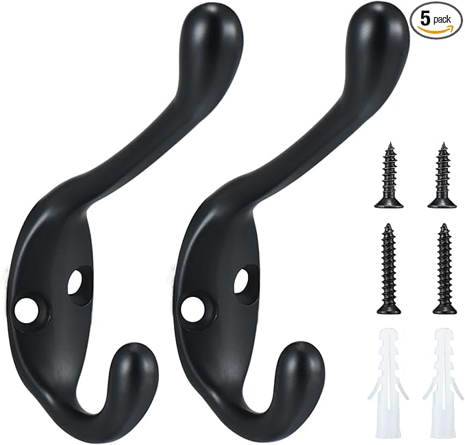 Jukzi Coat Hooks 5 Pack-Heavy Duty Wall Mounted Matte Black Door Hooks Double Prong Hooks for Hanging Clothes/Towels/Key-Suitable for Bedroom/Bathroom/Entryway and Replaced