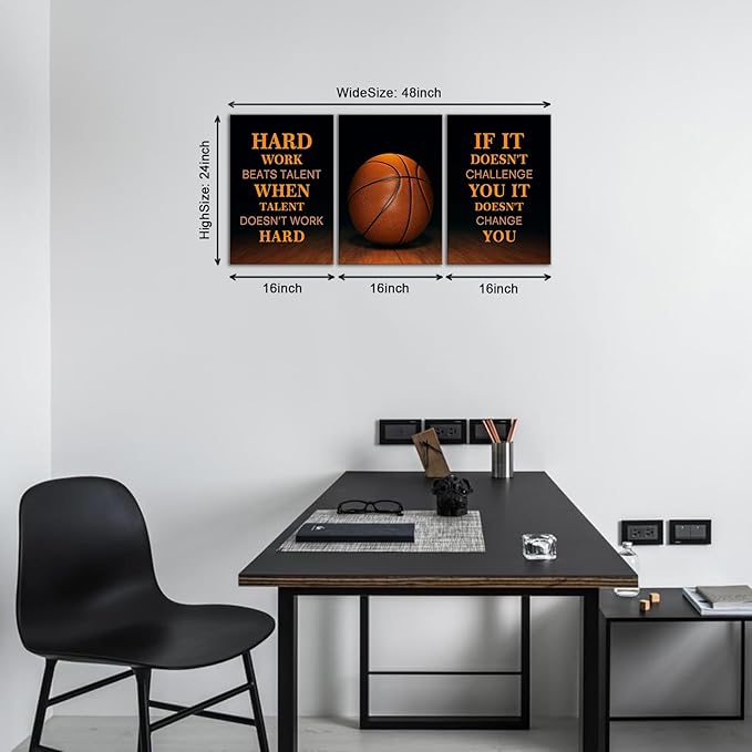 KAWAHONE-3 Pieces Basketball Motivational Work Hard Canvas Wall Art, Inspirational Quotes Pictures Wall Decor, Basketball Sports Poster Black and White Positive Poster Framed Motivation Gift for Entrepreneur Men Women Painting Artwork for Home Office