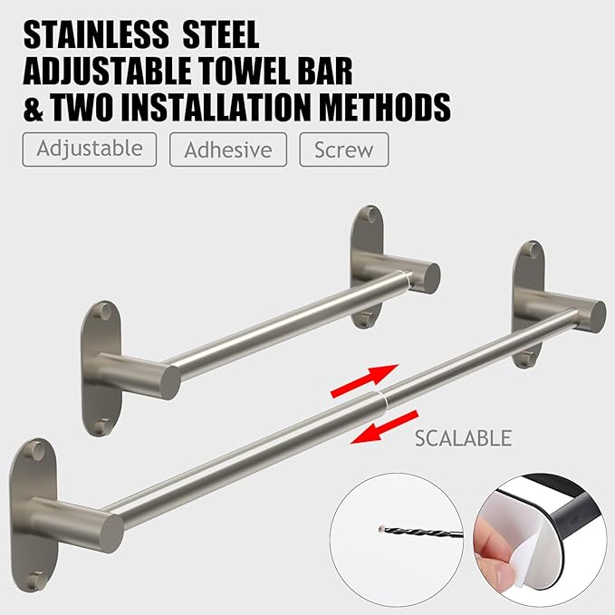 MIROAMZ Towel Bar, Adjustable 14.4inch - 25.2inch Towel Rack, Self Adhesive Wall Mounted for Bathroom Kitchen Hand Towel Holder Cloths Hanger 304 Stainless Steel Organizer Single Bar (Brushed Nickel)