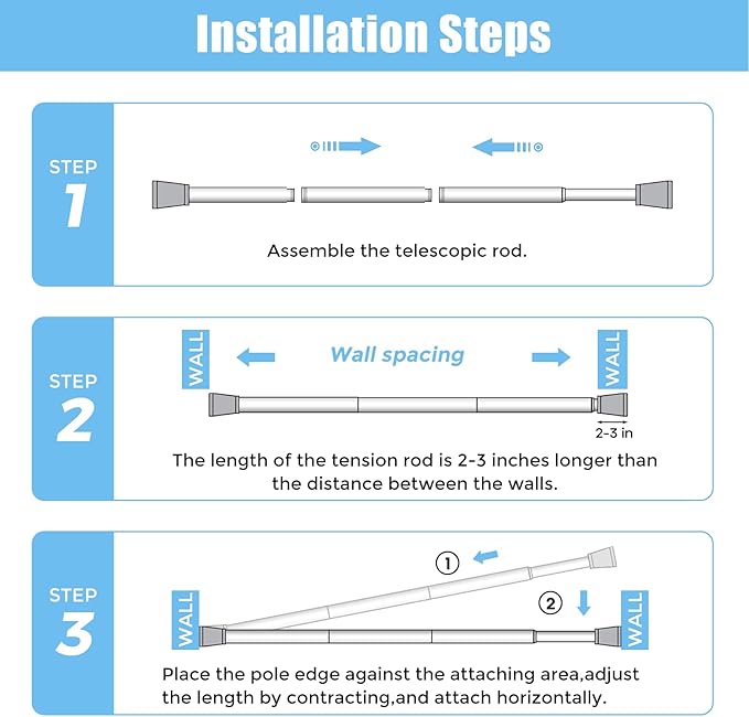 AIZESI Tension Curtain Rod Adjustable Spring Tension Rods for Windows 28 to 48 Inch, No Drilling, 7/8" Diameter, White Curtain Rod, Small Shower Curtain Rod for Bathroom, Doorway, Closet, Kitchen