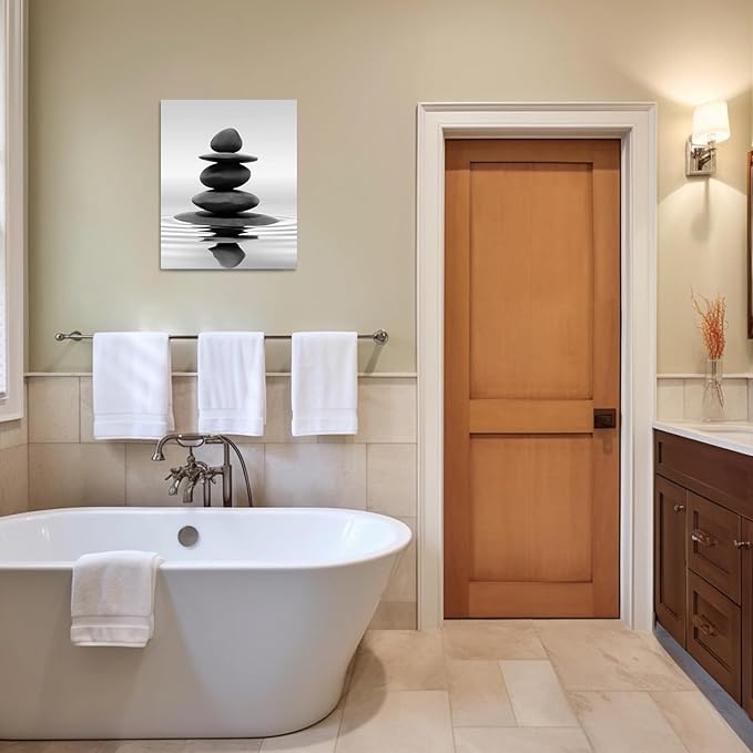 LZIMU Black and White Zen Wall Art Stones in Water Pictures Print on Canvas for Bathroom Yoga Meditation Spa Room Living Room Bedroom Wall Decorations Framed (Zen-1, 24"x36" (60x90cm))