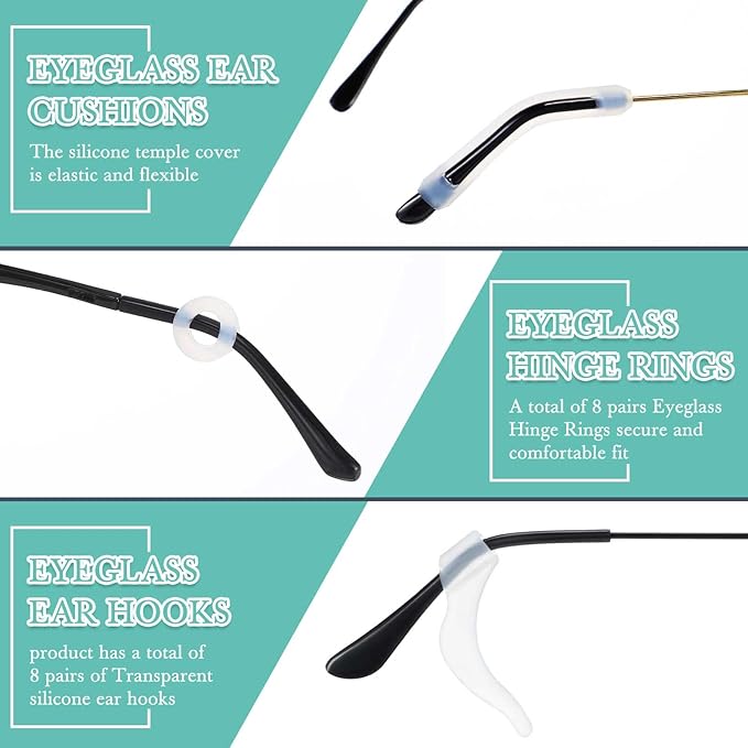 50 Pcs Eyeglasses Retainers Sets 12 Pairs Anti Slip Adhesive Glasses Nose Pads 4 Round Ear Grips 4 Silicone Ear Hooks Holders 4 Glasses Temple Tips Sleeve for Repair(Transparent)