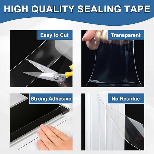 Transparent Window Weather Sealing Tape 3IN x 33 FT Draft Isolation No Residue Removable Adhesive Waterproof Windows Doors Shower Glass AC Units Ideal for Winter Seal & Summer Cold Air Loss Prevention