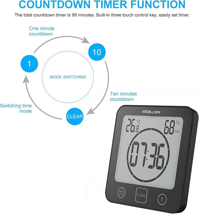 Digital Bathroom Shower LCD Wall Clock with Suction, Waterproof Temperature Humidity Gauge, Touch Screen Timer, Large Countdown Timer (Black)