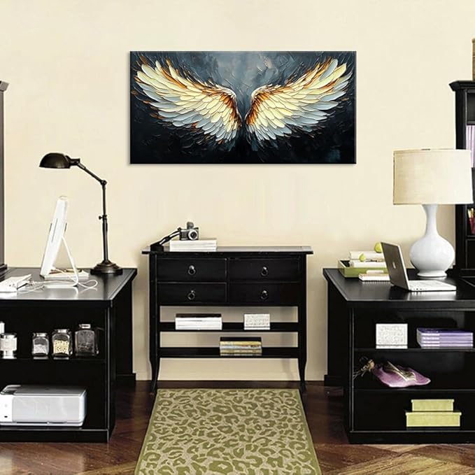 ZESTRILIA Angel Wings Wall Art for Girls Room Gold Gray Canvas Oil Painting Prints Modern Abstract Fantasy Anime Artwork Living Bedroom Office Decor (40x20 Inches)