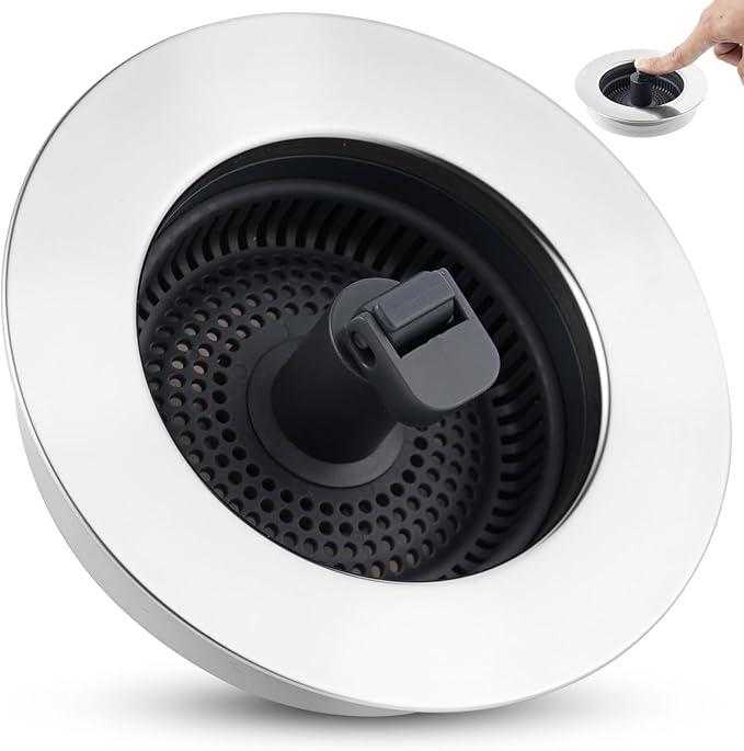 Universal 3-in-1 Kitchen Sink Strainer Stopper Pop Up Sink Drainer with Upgrade Folded Handle, for US Standard 3-1/2 inch Drain Filter, Chrome Stainless-wrapped Shell, Anti-clog