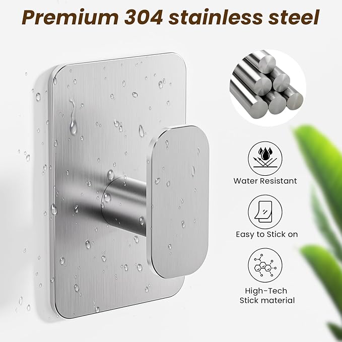 Heavy Duty Self Adhesive Hooks - 26lb Max, Sticky Wall Hooks Stainless Steel for Hanging Towel, Coat, Robe, Waterproof & Rustproof Hooks Stick on Bathroom, Shower, Kitchen(Silver, 4 Pack)