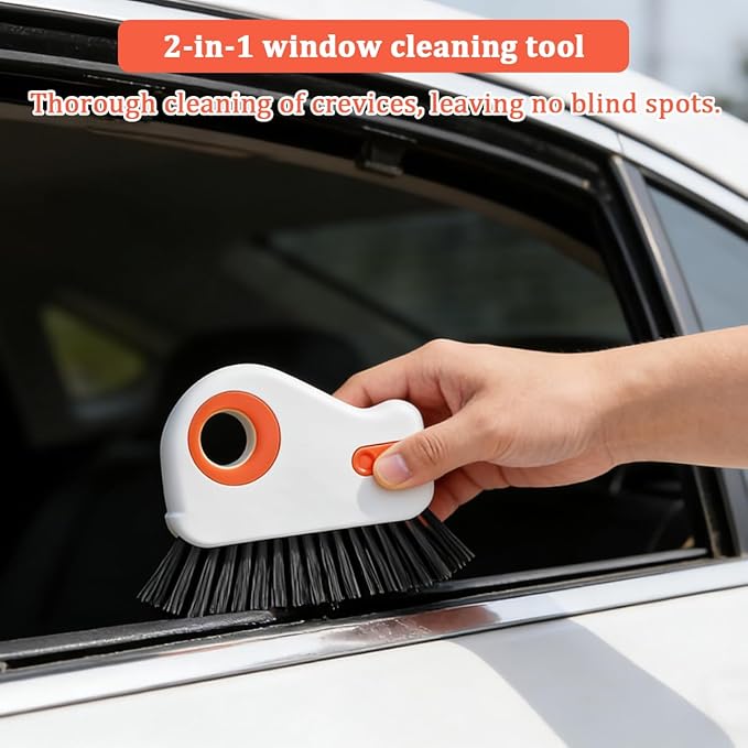 2PCS Car 2 in 1 Groove Cleaning Brush, Multifunctional Vehicle Window Track Cleaner Tool with Hidden Scraper, Auto Crevice Gap Grout Scrub Brush for Sliding Door Track, Universal Fit (Orange)