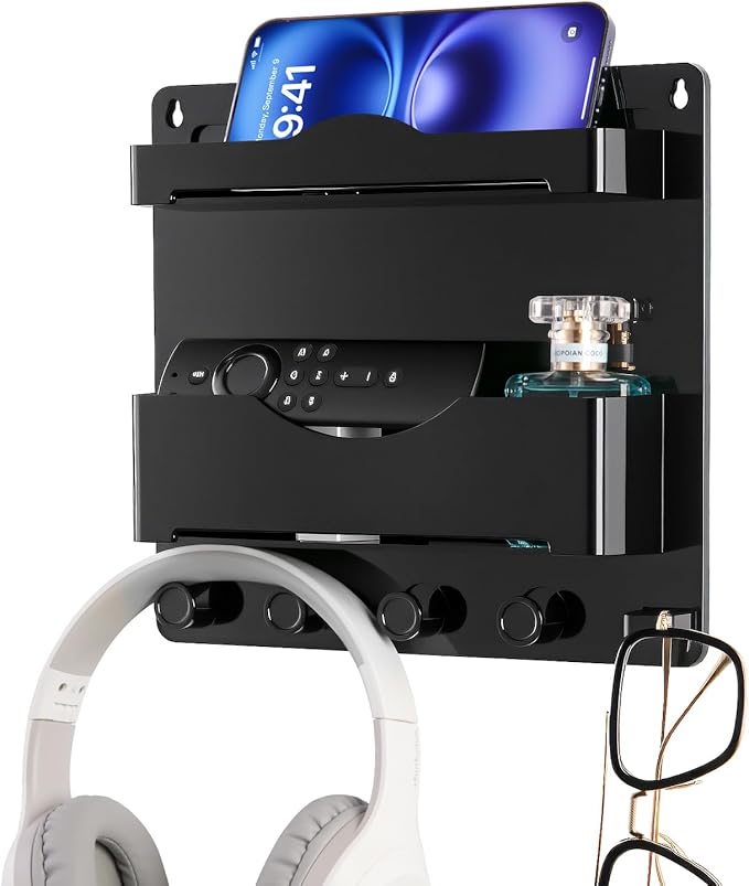 JUMEIHUI Bedside Wall Shelf with Glasses Hooks ，Adhesive Bedside Organizer Wall Mount for Dorm and Room Accessories Phone，Remote，Earphone， Kindle (Black)