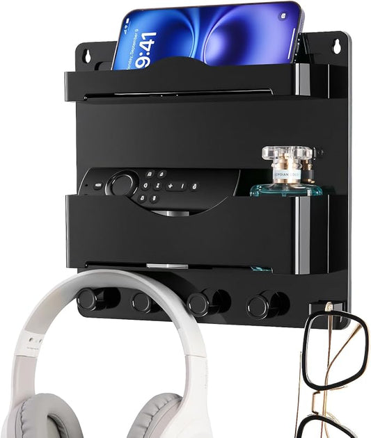 JUMEIHUI Bedside Wall Shelf with Glasses Hooks ，Adhesive Bedside Organizer Wall Mount for Dorm and Room Accessories Phone，Remote，Earphone， Kindle (Black)